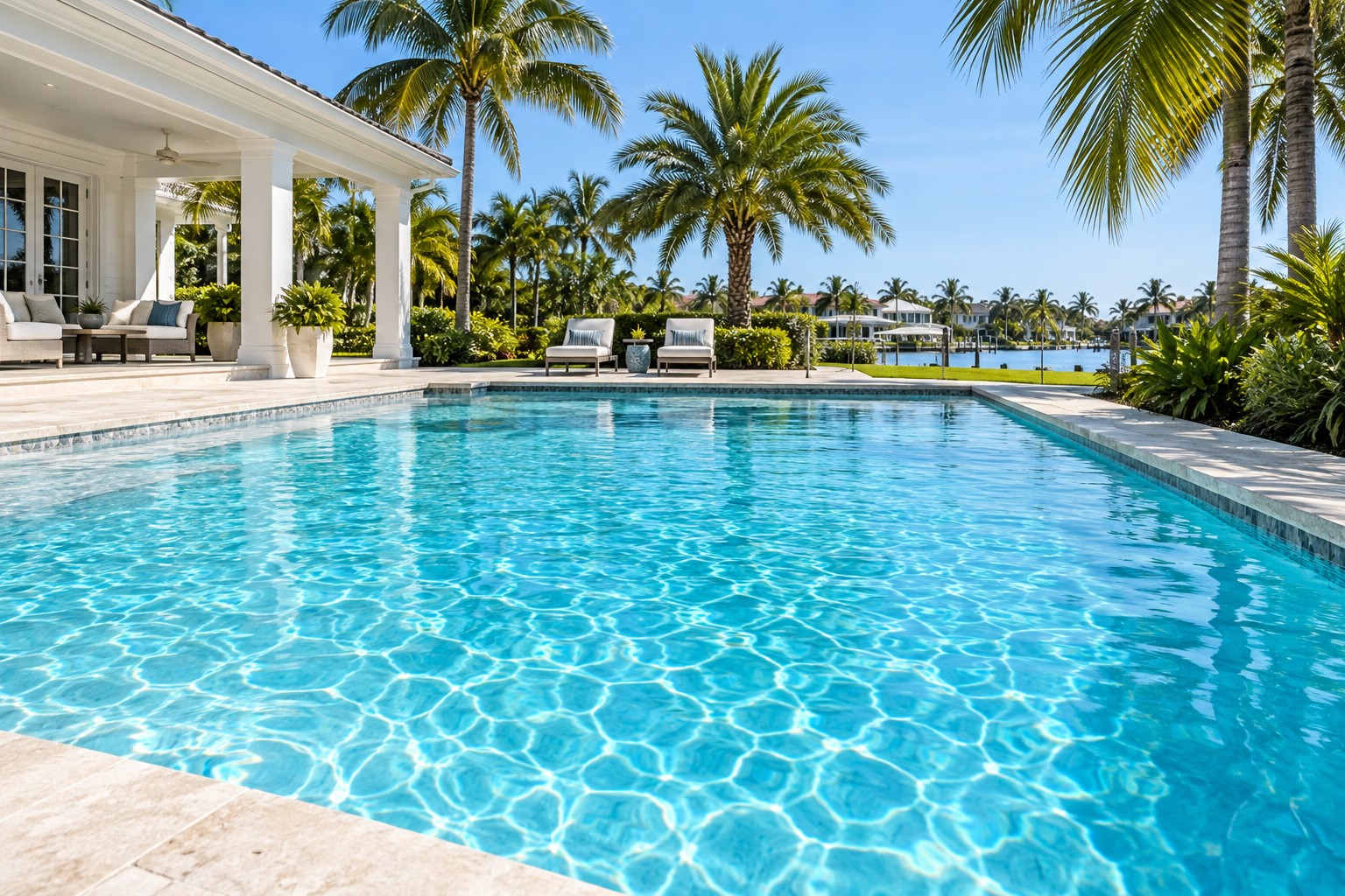 Sunlit blue swimming pool with palms and a Florida home